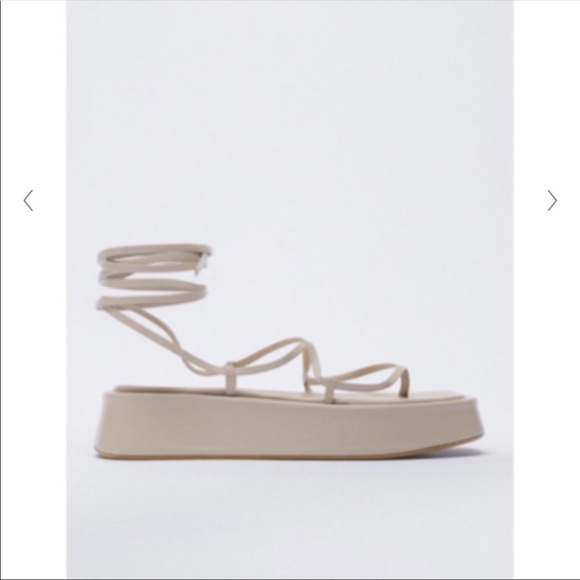 Zara Tied Platform Leather Sandals square toe beige women’s size 7.5 chunky heel